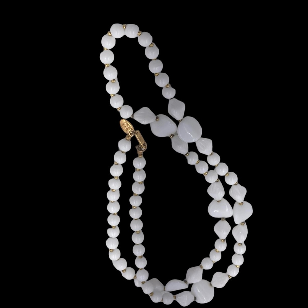 Vintage Signed Miriam Haskell Long Milk Glass Bead Necklace